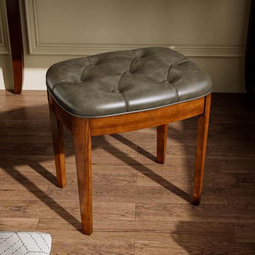 VERDANTREE Vantity Bench Stool with Upholstered, Elegant Modern Bed Stool, Makeup Dressing Bench,Versatile for Dining, Living Room, 19.3”X 14.9”×19.3”, Easy Assembly? Beeswax Leg &Grey Seat FD-HNY-GY