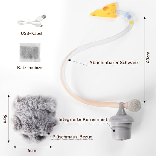 Migipaws Interaktives Katzenspielzeug, elektrisch rollende Migimaus mit wackelndem Schwanz, Intelligenter Sensor, Quietschen, Katzenspielzeug selbstbeschäftigung mit Katzenminze, wiederaufla-7