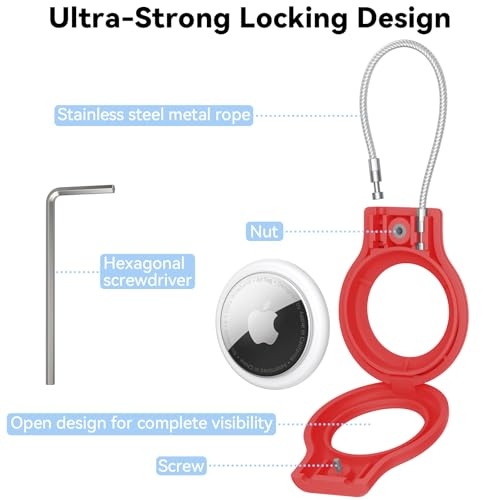 Image of Meliya at Holder for Apple at Secure Holder with Wire Cable, 4 Pack Air Tag Lock Case Keychain Key Ring Key Chain Luggage Tag for Keys, Luggage & More - Red