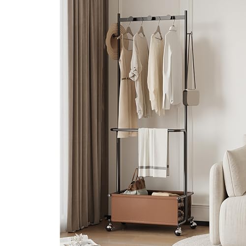 Perchero independiente con cesta de almacenamiento y ganchos para colgar abrigos, con ruedas, para dormitorio, pasillo, entrada, 60 x 40 x 175 cm, color negro
