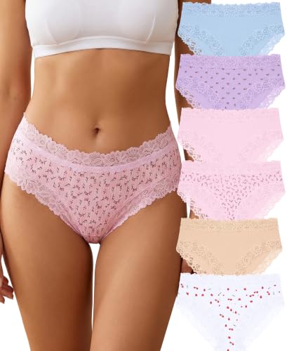 Image of Knowyou Cotton Underwear for Women No Roll Soft Panties No Dig Lace Waist Hipster Breathable Cheeky Lingerie for Women