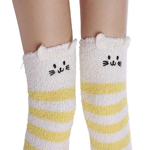 Image of Thigh High Fuzzy Socks Cute Animal Coral Fleece Over the Knee Thigh High Long Stockings Warm Stripe