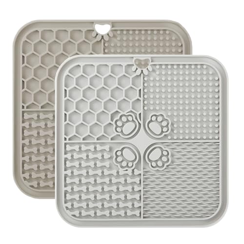 Leckmatte für Hunde, Futtermatte für Butter & Joghurt, Hundespielzeug für Baden, Training & Fellpflege (Beige+Grau, 20X20 cm)