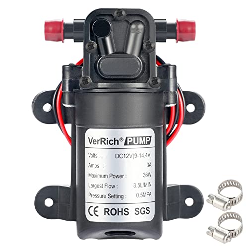 VerRich 12V Water Pumps, 36W Diaphragm Pump Max 3.5 L/Min 0.77MPA 73 PSI with Two Adjustable Hose Clamps