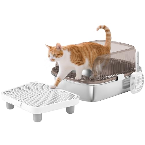 PawHut Arenero para Gatos Cubierto Extragrande Caja de Arena Cerrado con Bandeja de Acero Inoxidable Bordes Altos Pala Peldaño Zona para Caída de Arena sin Olor Fácil Limpieza Gris