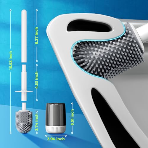 Image of Silicone Toilet Brush, L-Shaped Toilet Brush and Holder Set, Bathroom Toilet Brush with Long Non-Slip Handle, Wall Mounted or Floor Standing Design, for Home and RV Use