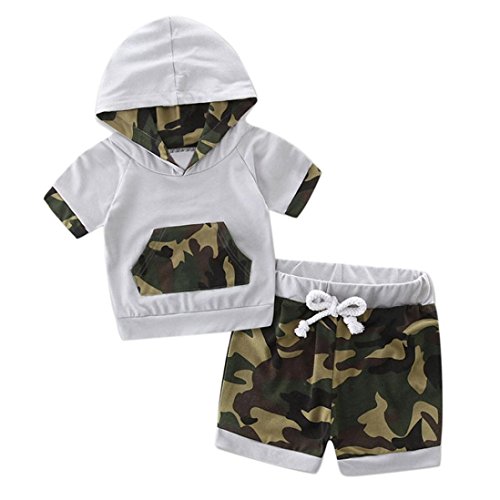 Bekleidung Longra Kleinkind Baby Jungen Sommer mit Kapuze Camouflage Spleiß Trainingsanzug Tops + Shorts Hose Outfits Set Babykleidung (0-24Monate) (85CM 18Monate, Camouflage)