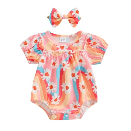 Newborn Baby Girl Romper Summer Floral Bubble Rompers Infant One Piece Bodysuit Toddler Outfit Cute Boho Clothes (A Flower Colorful,0-3 Months)