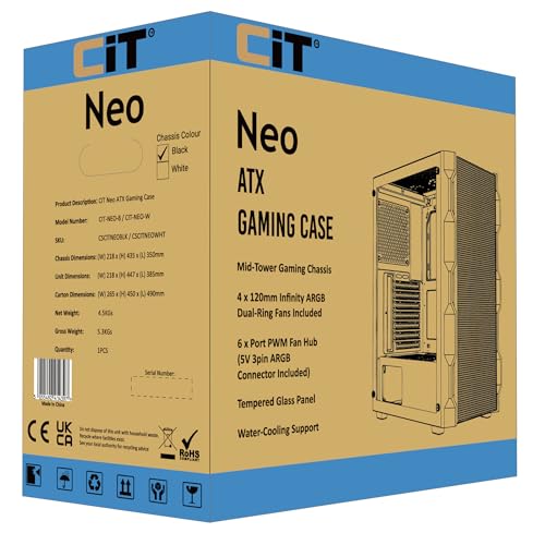 CiT Mirage Black Mid-Tower PC Gaming Case ATX with 2 x Tempered Glass Panels - 30% Tint Tempered Glass Side Window with 4 x Infinity 120mm ARGB Dual-Ring Fans & 6-Port Hub Included - Image 14