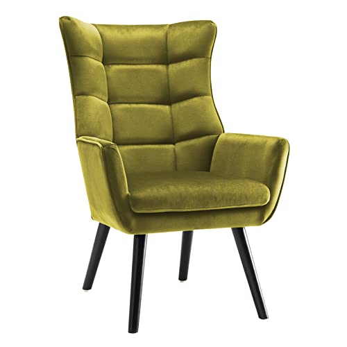 Accent Chair Velvet Wingback Chair Checkered Tufted Comfy Armchair With Wooden Legs Upholstered Single Sofa Club Chair Living Room Cahris For Bedroom/Guest Room/Sitting Room/Apartment, Olive Green #TOP6