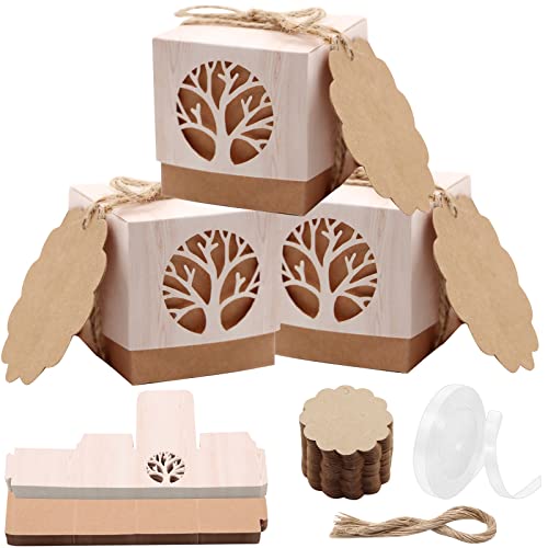 Ronde Boîtes à Dragées Baptême en Forme de Arbre de Vie, VEGCOO 50PCS Boite Communion, Coffret Bonbons Baptême avec Corde, Boîte Cadeau Mariage