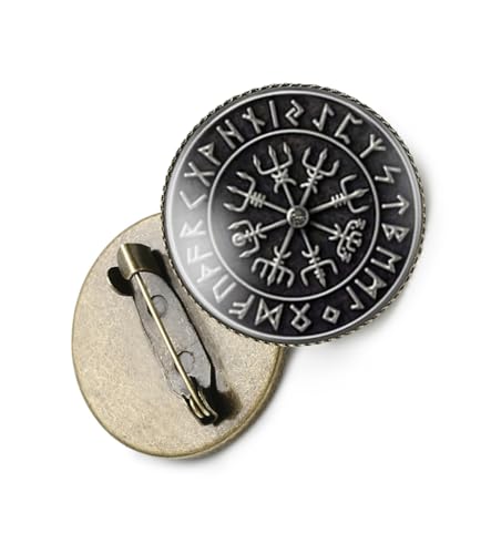 Image of vmcoatdu Round 1 Inch Viking Compass' Nordic Rune Pin Brooch Metal and Inlay Glass Revivalism Style Souvenir Badge Brooch for Hat Clothes Backpack