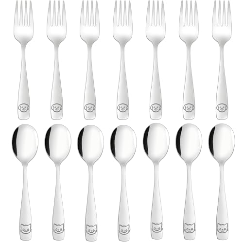 LOCONHA Stainless Steel Toddler Utensils Set - 14 Pcs Kids Silverware, Safe Food Grade, Mirror Polished, Dishwasher Safe, Perfect for Little Hands,...