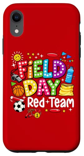 Field Day Red Team squadra di scuola colorata per studenti, bambini, insegnanti, attività in classe e divertimento di giornata di competizione all'aperto. Sostenitori della squadra rossa che amano il lavoro di squadra, le staffette, i giochi scolastici, l'orgoglio di squadra, l'energia della squadra del segno della pace e la celebrazione scolastica.