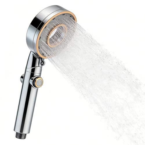 Alcachofa de Ducha, Alcachofa de Ducha con Filtro Ajustable de Tres Posiciones, Cabezal Ducha Alta Presion, Ducha de Lluvia con Ahorro de Agua, Botón de Parada Instantánea, Plateado