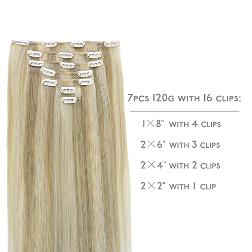 WENNALIFE 20 Inch Clip In Hair Extensions - 120g 7pcs Real Human Hair, Ash Blonde Highlighted Platinum Blonde, Coloured - Image 2