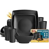 Teivio 16-piece Plastic Wheat Straw Square Dinnerware Set for 4, Unbreakable Dinner Plates, Salad Plates, Snack Bowls, Tumblers 13.5 oz, Dishwasher Safe, Kitchen Outdoor Camping,Black