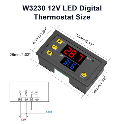 QIQIAZI W3230 Digitaler Temperaturregler,20A DC 12V Digitaler Thermostat LED-Display Temperaturschalter-50-120℃ mit NTC 10K-Sensorsonde（2 Stück ）