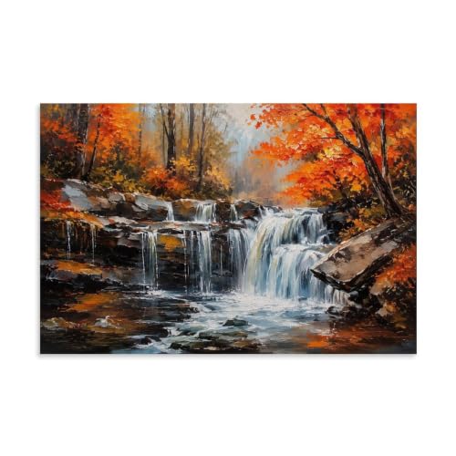 Autumn Forest Waterfall Canvas Wall Art, Golden Fall Maple Trees Mountain Stream Oil Painting, Rustic Nature Landscape Print for Farmhouse Cabin Living Room Unframed Decor Unframe-style 08x12inch