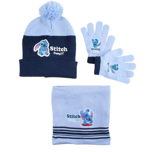 Disney Lilo & Stitch, Pack Bonnet + Gants + Écharpe, Enfant, Extensible (1 à 12 Ans), Doux, Mignon, Chaud, Chapeaux, Fille, Garçon, Modèle DIS LIS 5238D096 S1-TU