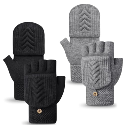 YSense Womens Winter Gloves, 2 Pack Warm Knitted Convertible Fingerless Gloves for Women Gifts with...