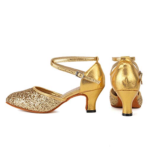 Swdzm T-DY225-M-GOLD-5-35 Glitter Women'S Latin Dance Shoes Closed Toe Sequins Ballroom Salsa Tango Party Practice Performance Dance Shoes,225,Gold,Heel 2,Suede Sole,Us 6 thumb #8