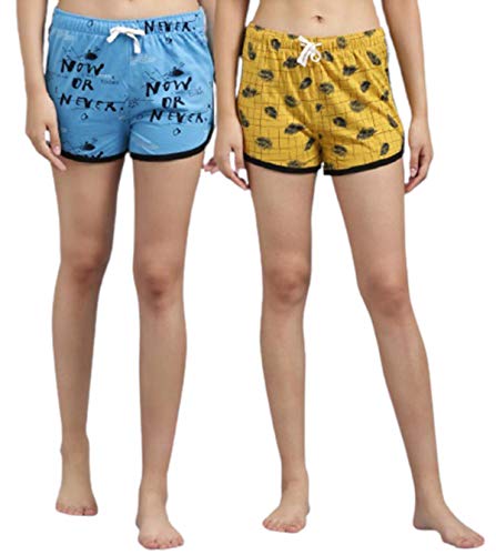 Image of KOTTY Pure Cotton SkyBlue and Yellow Printed Women Night Short - Pack of 2 (SkyBlue&Yellow)