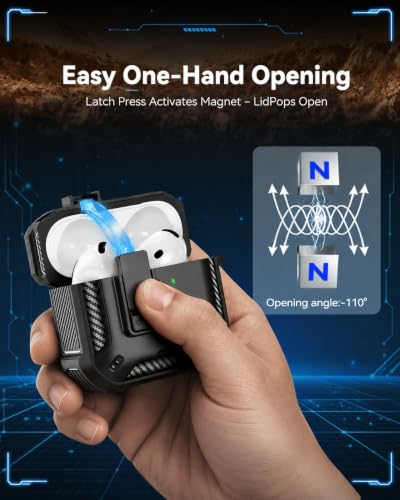 Image of for AirPods 4 Case with Lock & Phone Stand(Black) | Automatic Snap Switch Lock,Carbon Fiber Texture Design Cover with Cleaner Kit,Compatible with MagSafe