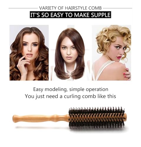 Image of Round Brush Boar Bristle Wooden Round Hair Brush for Women Blow Drying Handle Anti Static Hairbrush for Hair Styling, Drying, Curling