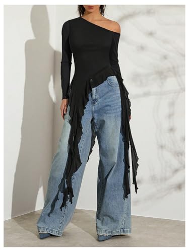 Milumia Women's Off One Shoulder Mesh T Shirt Y2K Asymmetrical Ruffle Trim Long Sleeve Tee Tops4