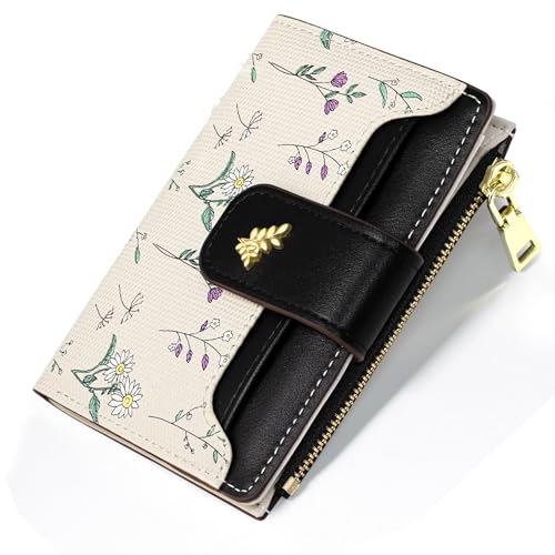 Image of YINHEXI Women's Wallet, Compact and Small Bifold PU Leather Card Holder, Mini Purse with Coin Pocket for Ladies, Girls (Floral Black)