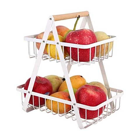 TUAKIMCE 2 Tier Vegetable Racks, Vegetable Fruit Storage Basket Stand Fruit Bowl Metal Detachable Fruit Vegetable Holder Storage For Kitchen (White) Cover