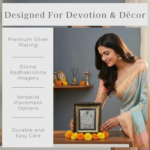 Image of BHAGWATIJEWELS Silver Coating Radhakrishna Frame | Divine Home Decor | Wall Mount Square Photo Frame for Gift, Wooden Square PhotoFrame for Temple | tabletopframe (5 inch x 5.50 inch Inch)