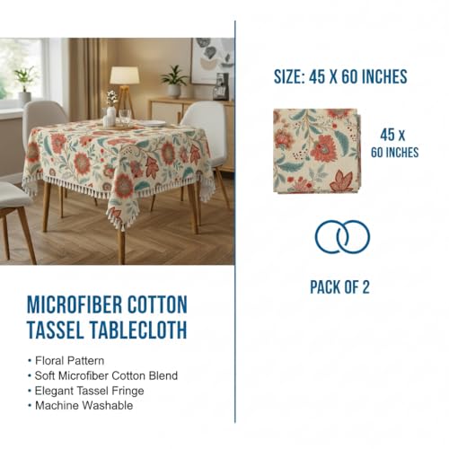 Image of Amazon Brand - Umi Microfiber Cotton Table Cloth Pack of 2 for 4-Seater Dining Table | 45 x 60 Inch Rectangular Printed Table Cover with Tassels | Washable, Durable,Reusable Dining Table Cover