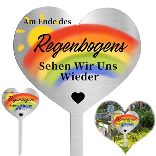 Grabschmuck Wetterfest, Grabstecker Metall Herz, Grabstecker Edelstahl Herz, Grabdekoration, mit AM Ende des regenbogens Sehen Wir Uns Wieder, Grabdekoration Wetterfest Frostbeständig, Andenken