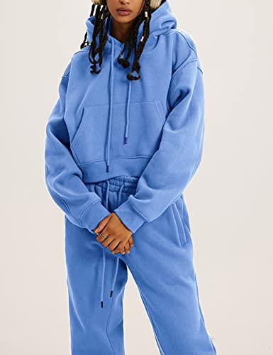 Flygo Womens Fleece 2 Piece Outfits Sweatsuit Crop Pullover Sweatshirt Joggers Pants Tracksuit Set