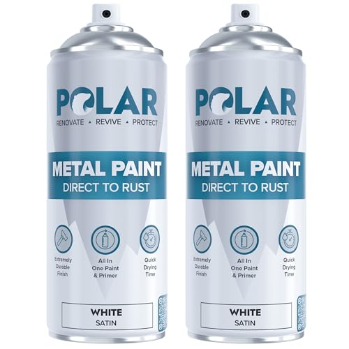 Polar Direct to Rust Satin White Metal Spray Paint - 2 x 400ml - Perfect for Metal Wood Furniture Rust - Outdoor & Indoor Surfaces - Easy to Apply - 3 in 1 Primer Undercoat & Topcoat