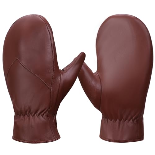 MGGMOKAY Mens Leather Mittens Warm Lambskin Mittens Winter Fleece Lined Cognac S