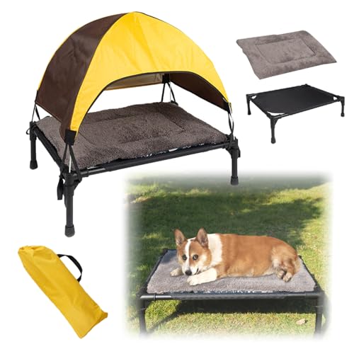 Cuccia Rialzata Per Cani Da Esterno Con Tetto,Lettino Per Cani,Protezione Dal Sole Su Tre Lati Con Piedi Antiscivolo,Include Cuscino e Sacca Di Stoccaggio,Per Campeggio,Giardino,Spiaggia e Piscina