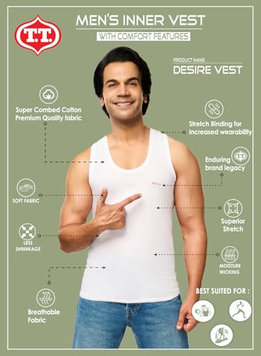 Image of T T Men's DEESIRE Premium Vest Without Sleeves (RN)| Sleeveless Undershirt, Pure Cotton, Moisture-Wicking, White, Pack of 2