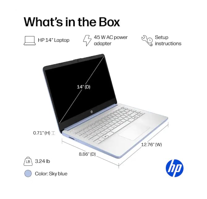 Image of HP 14 inch Business Laptop Computer with 1-Year Office 365, Intel Quad-Core N150 Processor, 4GB RAM 128GB UFS, Windows 11 Home, PLUSERA Earphones, Sky Blue