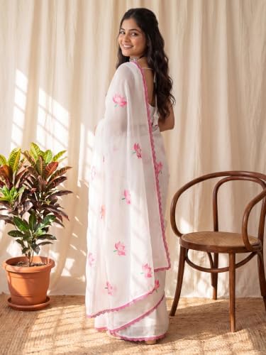Image of AKHILAM Women's Shimmer Off White Chanderi Cotton Floral Hand Paint Embroidered Lace work Saree With Unstitched Blouse Piece | saree for woman | Designer Saree for Women | Soft and Skin Friendly
