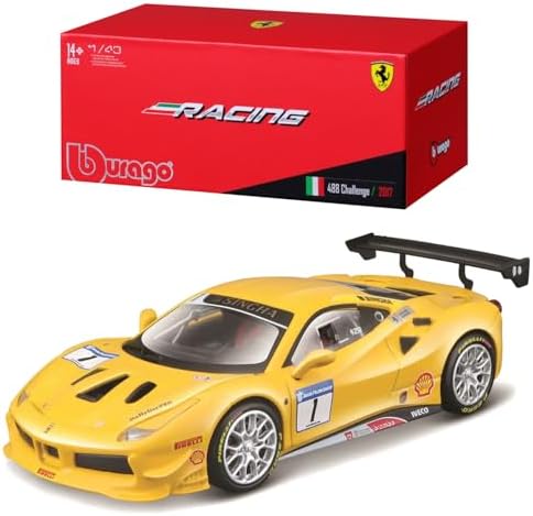 Burago MINIATURA 1/43 FERRARI 488 CHALLENGE RACING, Amarelo