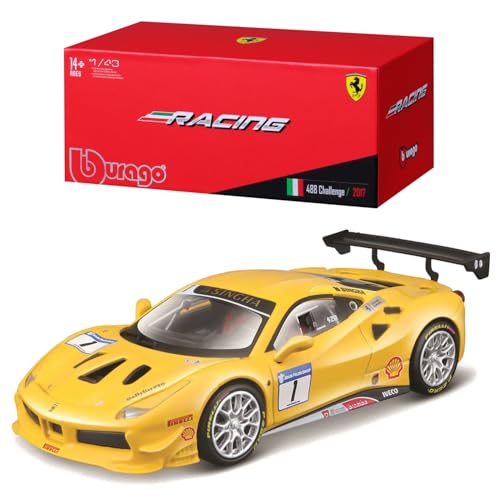 Bburago Ferrari 488 Challenge - Maqueta de Coche a Escala 1:43, Serie Ferrari Racing, Caja de Regalo, 12 cm, Color Amarillo #1 (18-36306)
