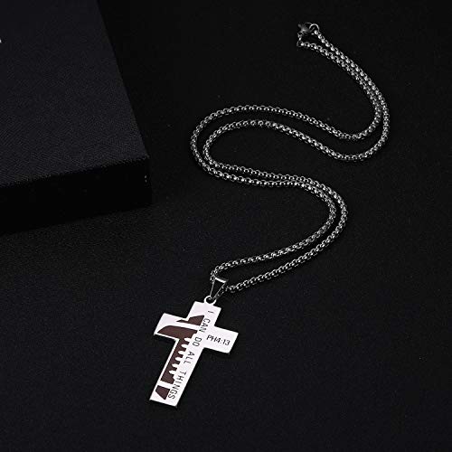 Susook Football Cross Necklace For Boys Bible Verse I Can Do All Things Stainless Steel Sport Pendant For Men(Silver) #TOP3
