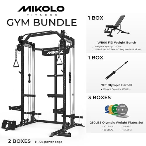 Image of Mikolo Power Cage, 2000LB Power Rack with Independent Dual Pulley System, Multi-Function Home Gym Workout Machine for Cable Crossover and Squat