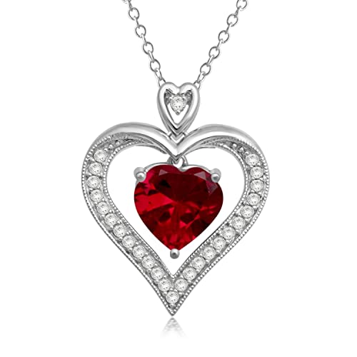 Jewelili Heart Pendant Sterling Silver With 9Mm Created Ruby And 1.25 Mm Round Created White Sapphire Necklace Pendant 18 Inch Cable Chain #TOP28