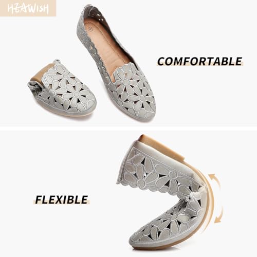 HEAWISH Sapatilhas femininas de balé floral para mulheres, preto, bege, sem cadarço, couro PU, bico