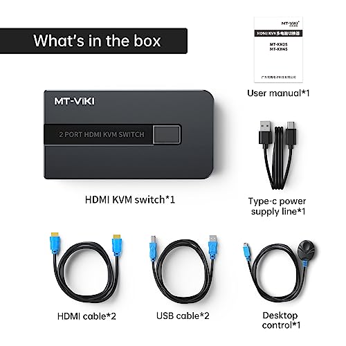 MT-VIKI 4K@60Hz KVM Switches HDMI 2 Port, 2 Computers 1 Monitor Share Keyboard Mouse Printer, Including 2 USB Cables and 2 HDMI Cable