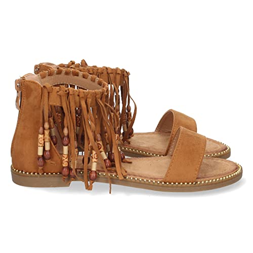 64113-Sandale Esclave Plate avec Talon Recouvert, Garniture a Franges et Fermeture Eclair, Printemps Ete 2022 Taille 37 Camel Cover